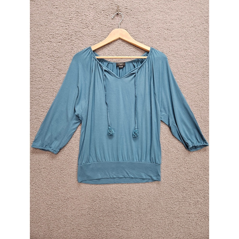 Anthropologie Deletta Blouse Small Teal Boho Laser Cut Out Back Tassel Peasant